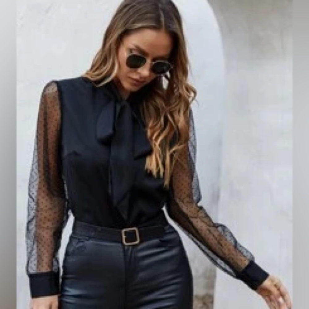 Long black casual shirt, mContrast polka dot mesh neck blouse